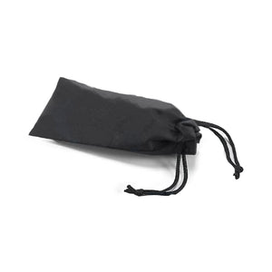 Black microfiber case with drawstrings to hold reading glasses.